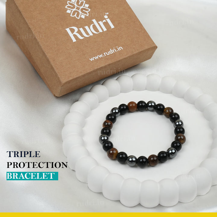 Triple Protection Bracelet with Tiger Eye, Black Obsidian & Hematite Beads