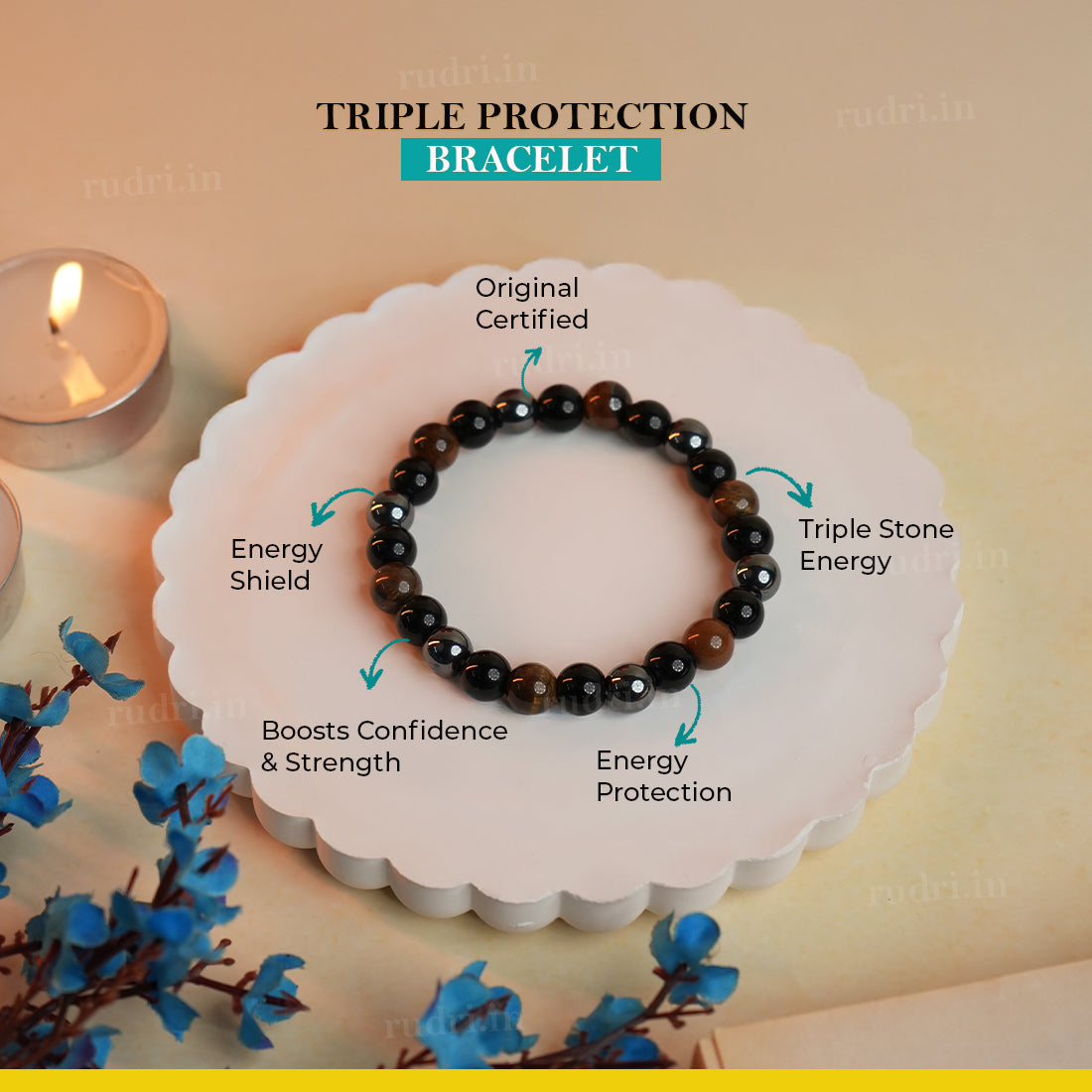 Triple Protection Bracelet with Tiger Eye, Black Obsidian & Hematite Beads