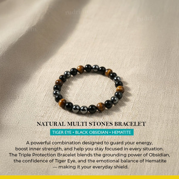 Triple Protection Bracelet – Natural Tiger Eye, Black Obsidian & Hematite Crystal Bracelet