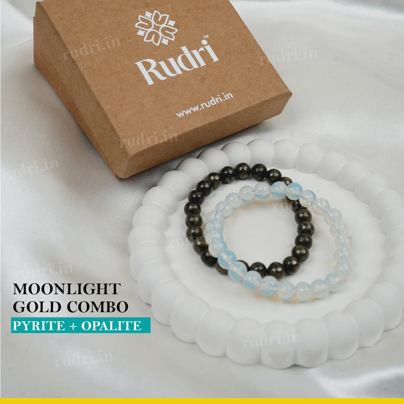 Moonlight Gold Combo Bracelet (Pyrite + Opalite)