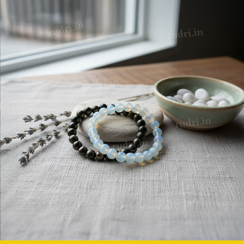 Moonlight Gold Combo Bracelet (Pyrite + Opalite)