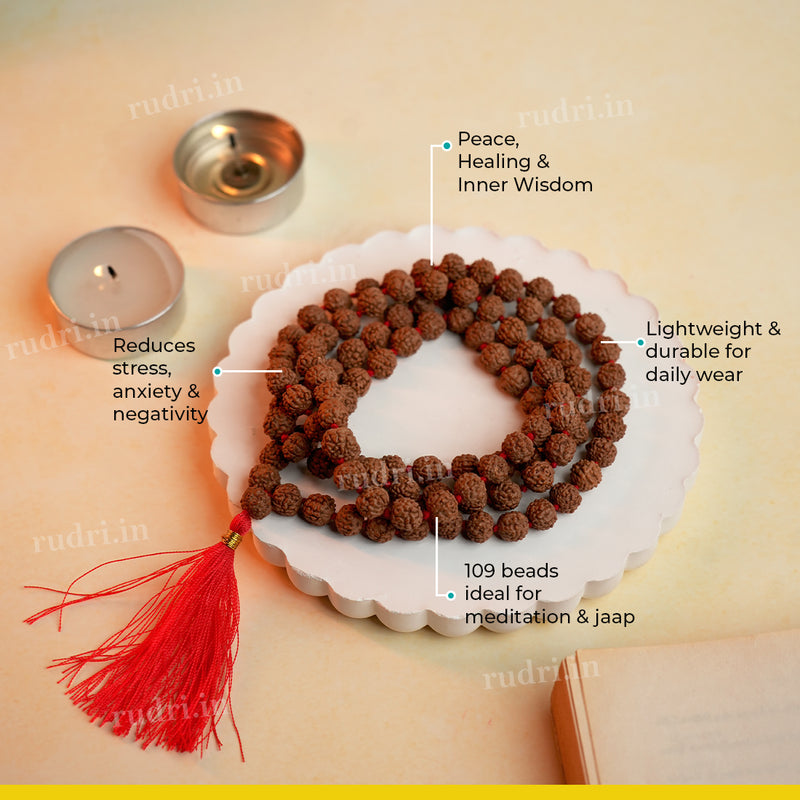 Natural 5-Mukhi Rudraksha Mala 6-7 mm 108+1 Beads